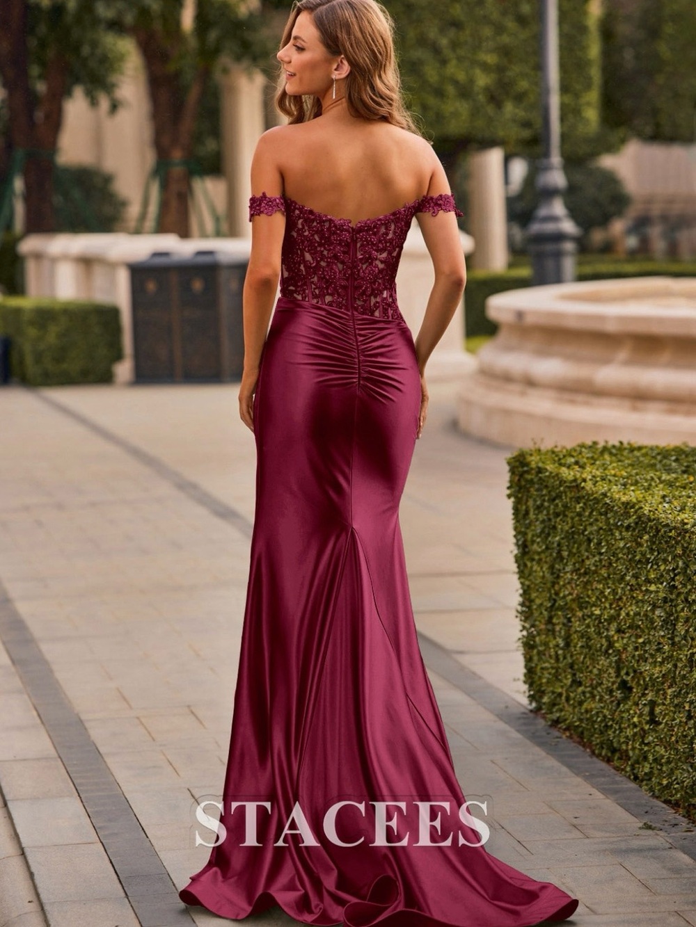 Stacees Off-Shoulder Burgundy Lace & Satin Prom Dress